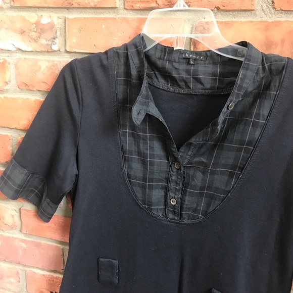 Theory A-Line Stretch Shirt Dress Plaid Mixed Fabric Button Down Fit Flare Midi - Picture 7 of 16